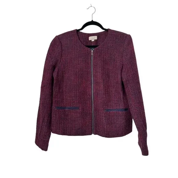 LOFT Blazer Womens Size 10 Burgundy Blue Wool Tweed Collarless Full Zip Jacket - Picture 1 of 12